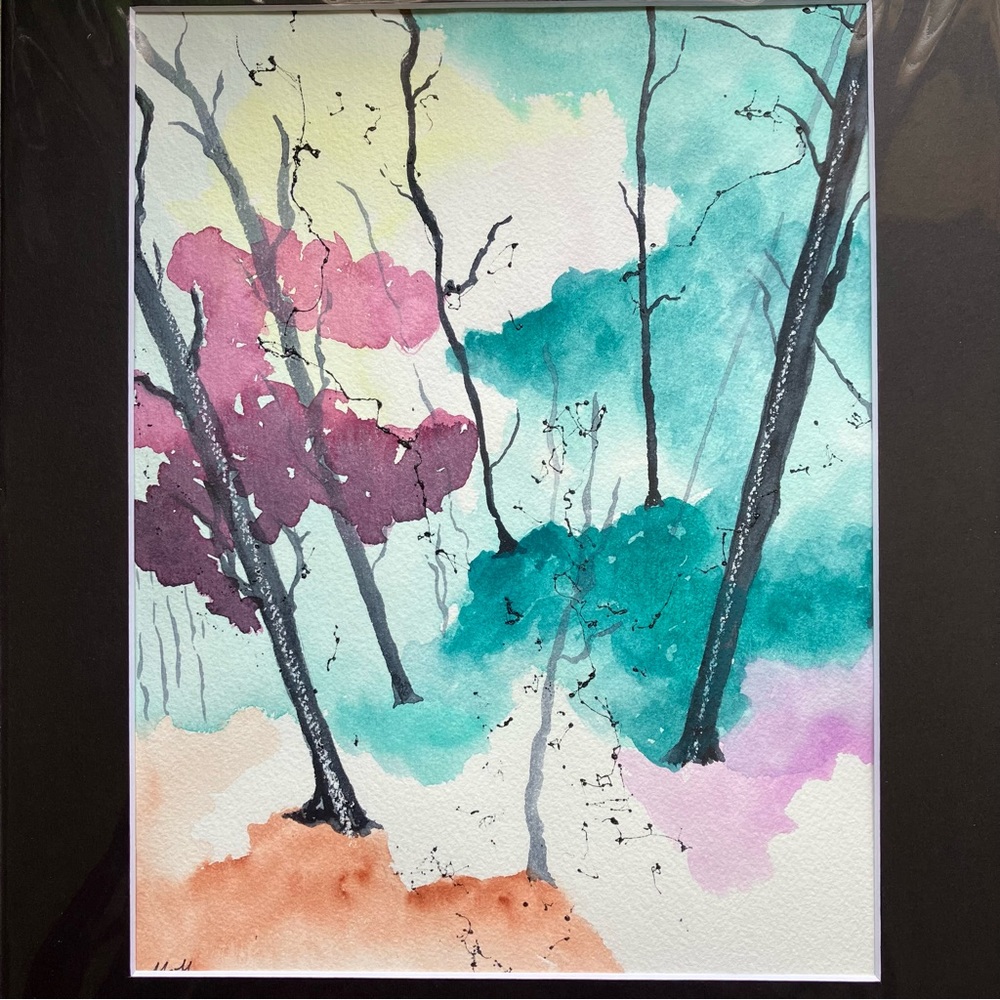 Watercolor Semi Abstract Landscape Wall Art Framed in Acid Free Art Kit, 11x14"